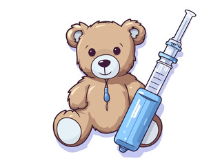 Doodle Syringe with teddy bear, cartoon sticker, sketch, vector, Illustration, minimalistic