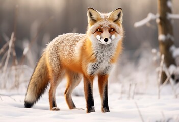  Red fox standing on snow.