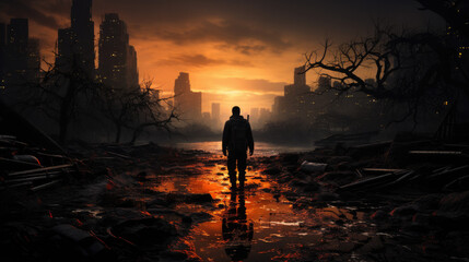 In a city left in ruins, a lone soldier walks with a heavy heart, a somber testament to the toll of war.
