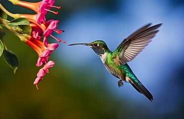 Hummingbird bird flying next to a beautiful red flower with rain.