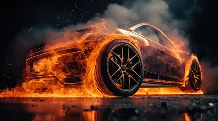 Foto op Canvas Car in fire on dark background. © visoot