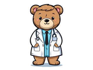 Doodle Teddy bear in doctor coat, cartoon sticker, sketch, vector, Illustration, minimalistic