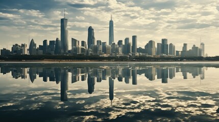 Modern city reflected in the water, City buildings.