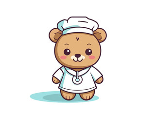 Doodle Teddy bear in nurse hat, cartoon sticker, sketch, vector, Illustration, minimalistic