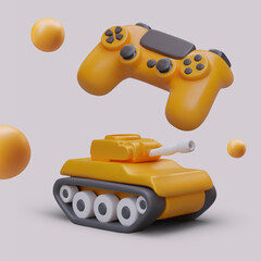 Fototapeta premium Set of tank and game console in realistic 3d style. War computer game poster. Remote control of artillery. Vector illustration in yellow colors in 3d style
