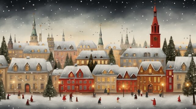 Scandinavian Christmas card. Folk art illustration of a decorated festive European town