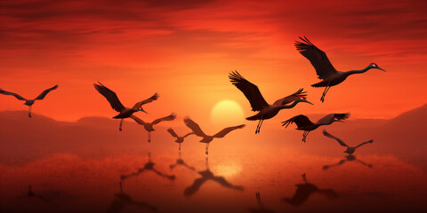 wedge of cranes flying