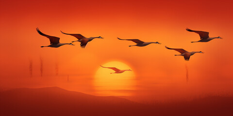 wedge of cranes flying