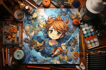 a puzzle of a cartoon character surrounded by paint cans