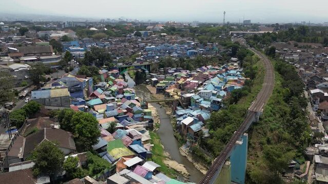 Drone view of the rainbow village in Malang (Jodipan), Java, Indonesia