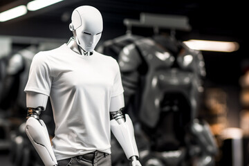 Fototapeta na wymiar White shirt mockup, cyborg in plain white tshirt, cloting mockups, white tshirt