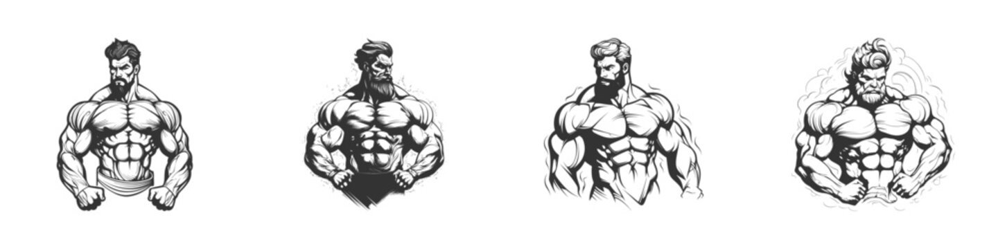 Line art style bodybuilder silhouette set. Vector illustration