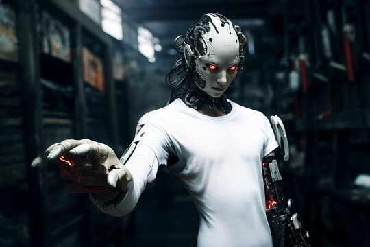 White shirt mockup, cyborg in plain white tshirt, cloting mockups, white tshirt