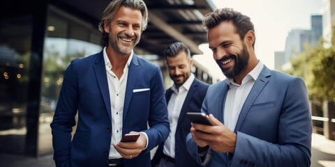 men in business suits looking at mobile phone