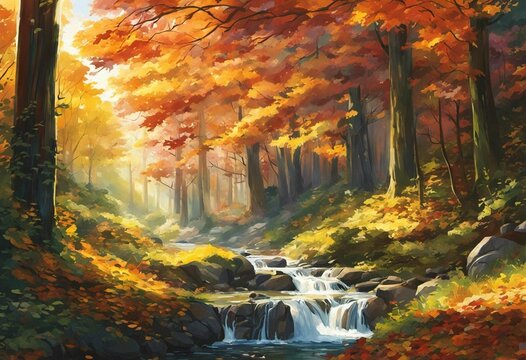 AI generated illustration of an oil painting of a tranquil autumn landscape with trees and a stream
