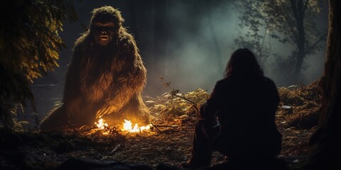 A reclusive Bigfoot, hidden partially by the dense Pacific Northwest forest foliage, curiously observes a group of distant campers around a fire from behind a large tree