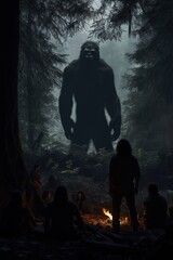 A reclusive Bigfoot, hidden partially by the dense Pacific Northwest forest foliage, curiously observes a group of distant campers around a fire from behind a large tree