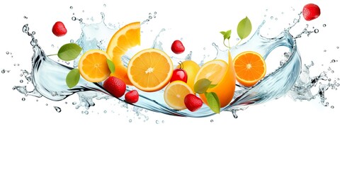 Swirl water splash with fruits. liquid flow with ice cubes and a mix of fresh fruits.