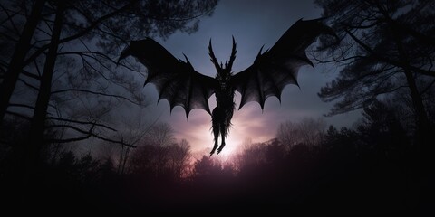 A silhouette of the Jersey Devil, wings outspread, poised atop a barren tree against the hauntingly illuminated backdrop of a full moon in the Pine Barrens