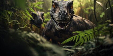 A sleek Velociraptor pack moves stealthily through a dense fern-covered underbrush, their sharp claws and eyes hinting at an imminent hunt - obrazy, fototapety, plakaty