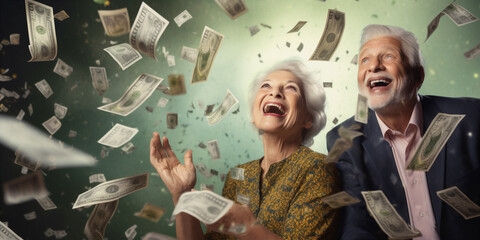 Winning The Lottery. Smiling elderly American woman - obrazy, fototapety, plakaty
