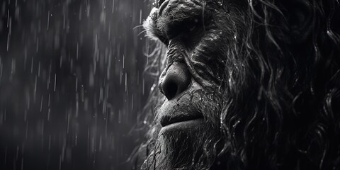A somber, monochrome portrait of Bigfoot, eyes looking down in a moment of reflection, with details of raindrops rolling off its thick fur. copy space