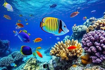 Naklejka na ściany i meble Underwater world with corals and tropical fish.