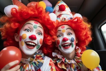 two women wearing clowns and clown wigs