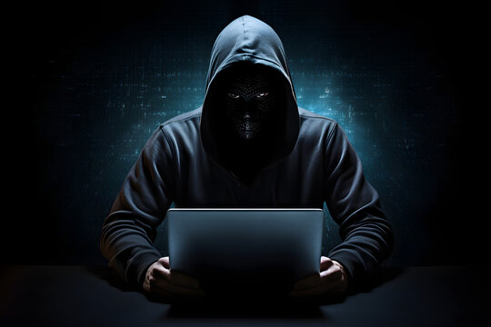 Mysterious Hacker in a Dark Room Using Laptop