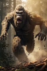 An action-packed scenario of Bigfoot sprinting through a dense forest, demonstrating the speed and agility of this legendary creature, copy space