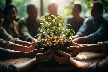 a group of people holding a plant