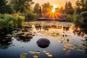 Pond with stunning reflection of a feeder and sunrise. Generative AI