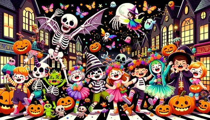illustration of a group of children celebrating Halloween in the middle of the city