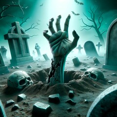 A zombie hand appears from underground in a cemetery at night