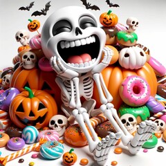 Fototapeta na wymiar a cute skeleton laughing on top of a pile of candy