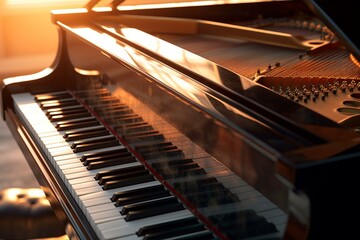 Close-up of piano in evening light. Generative AI