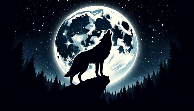 silhouette of a wolf howling at night