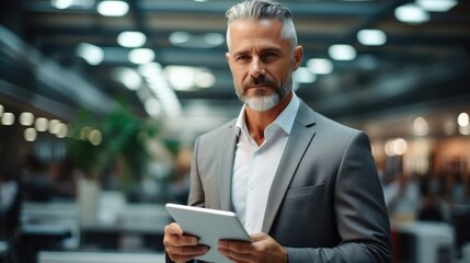 Mature CEO businessman holding digital tablet checking work at workplace.