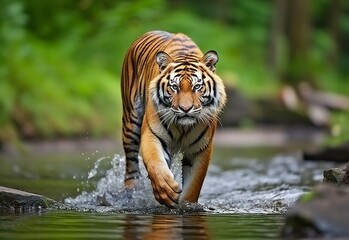 Fototapeta na wymiar Amur tiger walking in the water. Dangerous animal. Animal in a green forest stream.