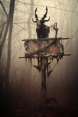 Fototapeta premium An old, weathered signpost in the Pine Barrens warns adventurers of the Jersey Devil, with cryptic symbols and a faint illustration of the creatur