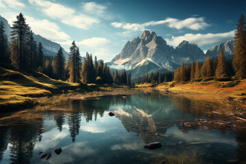 Aerial view of Lago Antorno, Dolomites, Lake mountain landscape with Alps peak , Misurina, Cortina d'Ampezzo, Italy