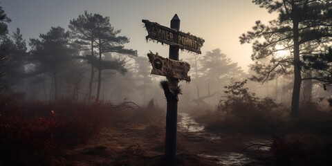 An old, weathered signpost in the Pine Barrens warns adventurers of the Jersey Devil, with cryptic symbols and a faint illustration of the creatur - obrazy, fototapety, plakaty