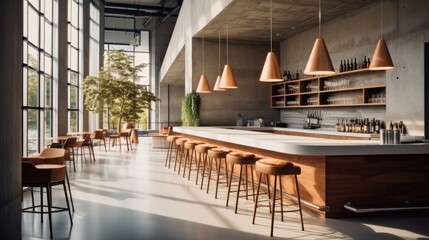Modern cafe with bar and chairs.
