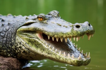 Crocodile with its mouth wide open with a green lake in the green background.