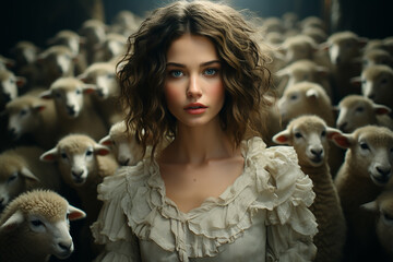 A beautiful girl among a flock of sheep.