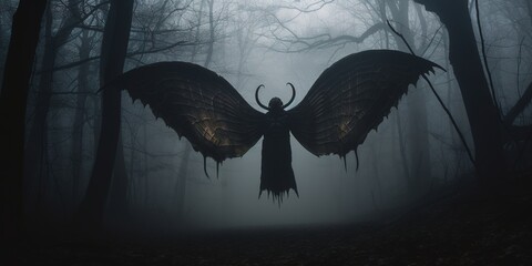 In a dense, fog-laden forest, the shadowy outline of Mothman emerges between the trees, with its distinct wings spread wide, embodying the eerie tales told of this cryptid