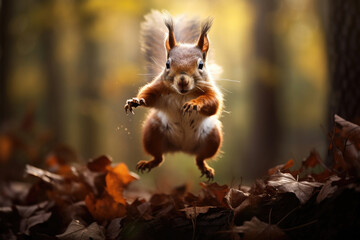 Jumping squirrel in the wild - obrazy, fototapety, plakaty
