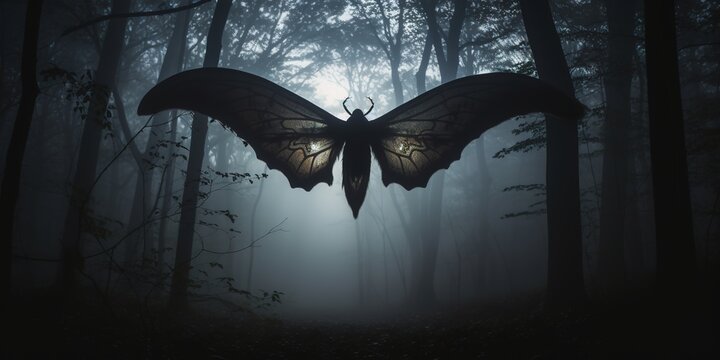 In a dense, fog-laden forest, the shadowy outline of Mothman emerges between the trees, with its distinct wings spread wide, embodying the eerie tales told of this cryptid
