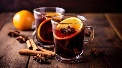 verres de vin chaud de Noël avec oranges et épices sur table en bois, ambiance chaleureuse