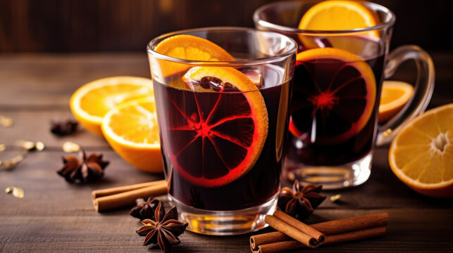 verres de vin chaud de No&euml;l avec oranges et &eacute;pices sur table en bois, ambiance chaleureuse